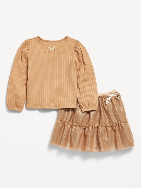 Long-Sleeve Pointelle Top and Tutu Skirt Set for Toddler Girls - Creme Caramel
