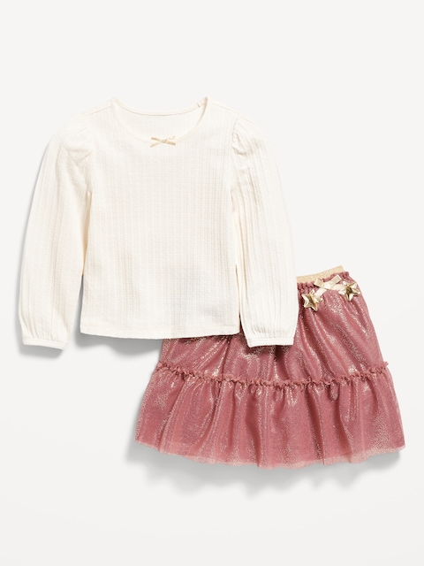 Long-Sleeve Pointelle Top and Tutu Skirt Set for Toddler Girls - Creme De La Creme