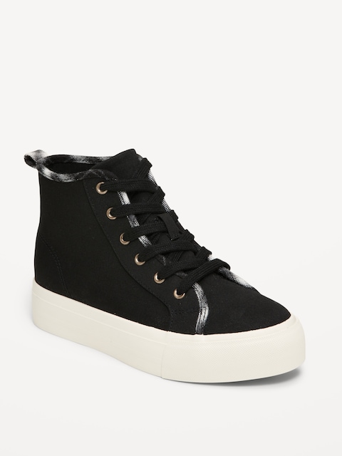High-Top Platform Canvas Sneakers for Girls - Black Plaid