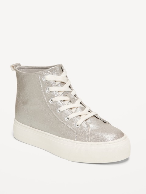 High-Top Platform Shiny Faux-Leather Sneakers for Girls - Silver Glitter