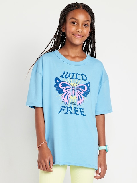 T-shirt surdimensionné à lisière brute et à manches courtes avec imprimé pour fille - Bleu