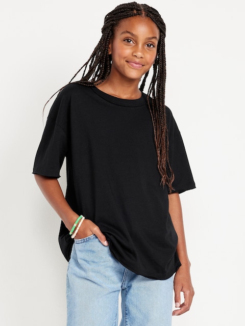 Oversized Short-Sleeve Raw-Edge T-Shirt for Girls - Black
