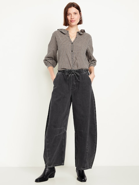 High-Waisted Pull-On Barrel Jeans - Black Wash