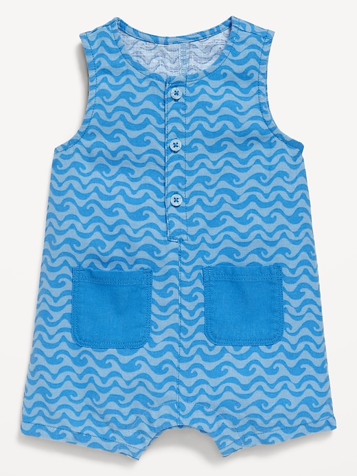 View large product image 1 of 2. Sleeveless Linen-Blend Henley One-Piece Romper for Baby