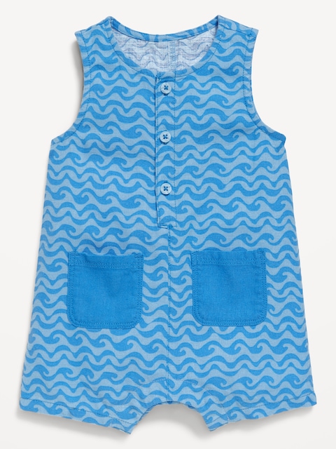 Sleeveless Linen-Blend Henley One-Piece Romper for Baby - Multi
