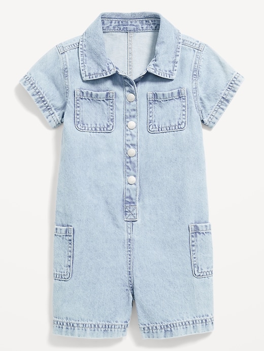 Image number 3 showing, Short-Sleeve Utility Jean Romper for Toddler Girls