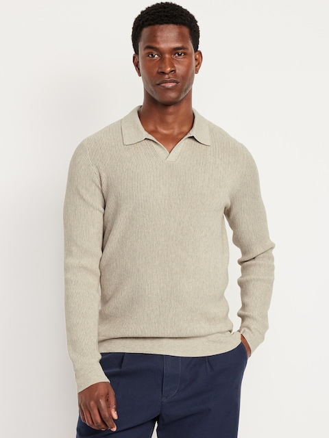 Long-Sleeve Sweater-Knit Polo - Oatmeal Heather