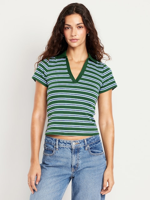 Short-Sleeve Cropped Polo - Green Stripe