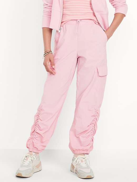 View large product image 1 of 5. High-Waisted Side Ruched Cargo Parachute Joggers for Girls