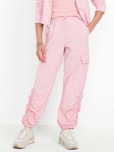 High-Waisted Side Ruched Cargo Parachute Joggers for Girls - Pink