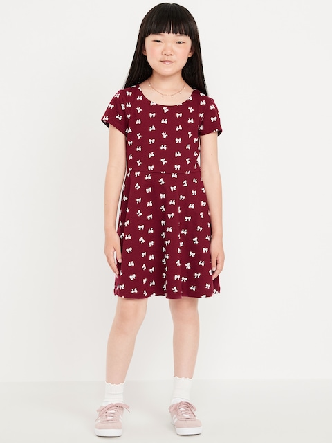 Printed Short-Sleeve Fit and Flare Dress for Girls - Multi