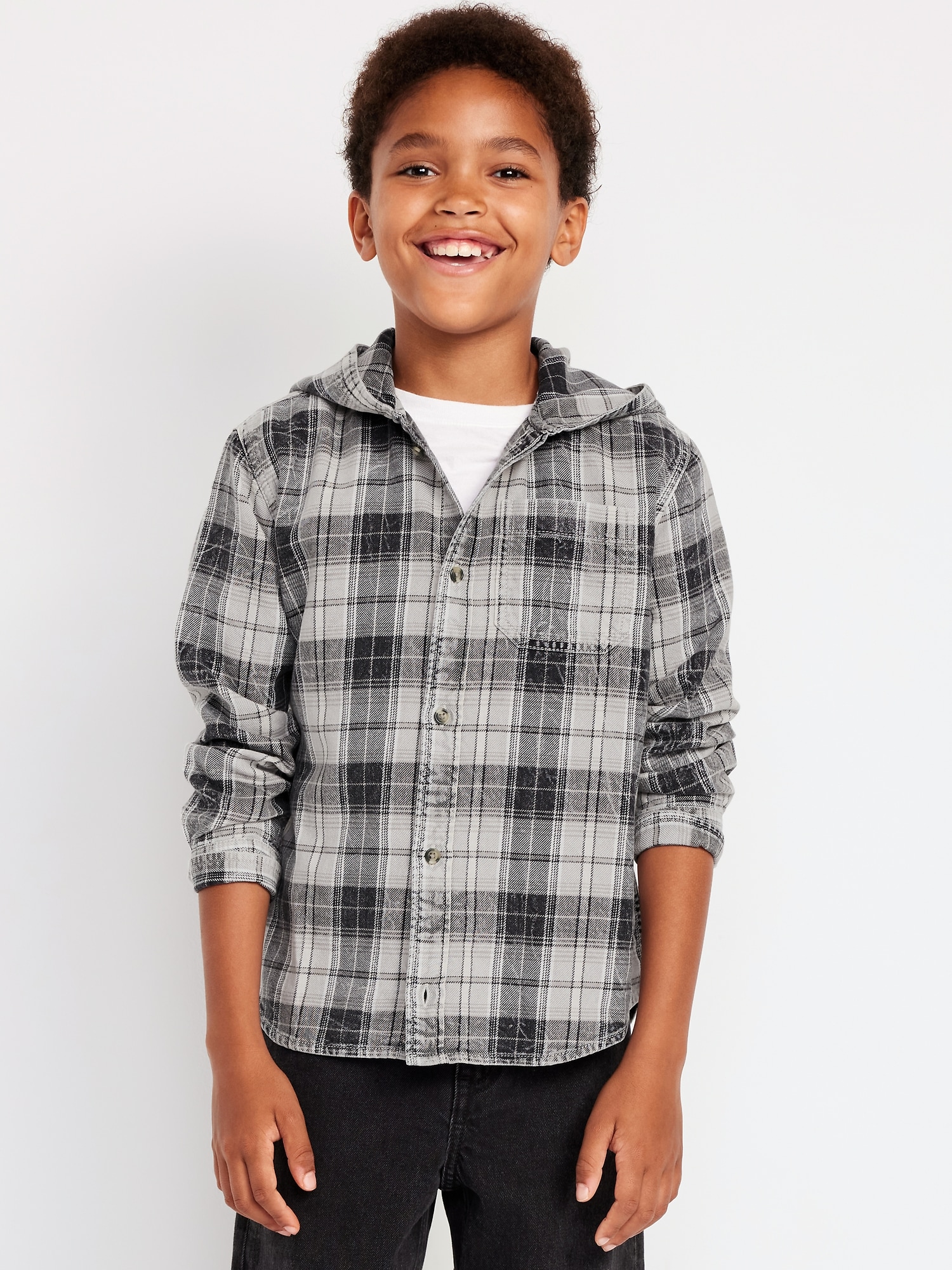 Long-Sleeve Plaid Washed Flannel Hooded Shirt for Boys