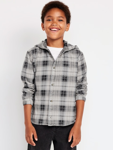 Long-Sleeve Plaid Hooded Shirt for Boys