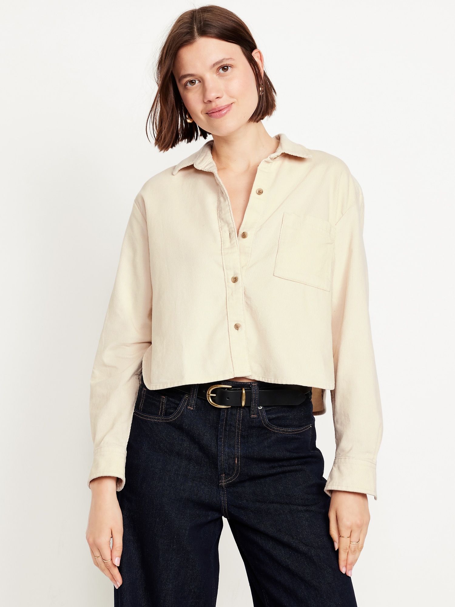 Cropped Button-Down Corduroy Shirt