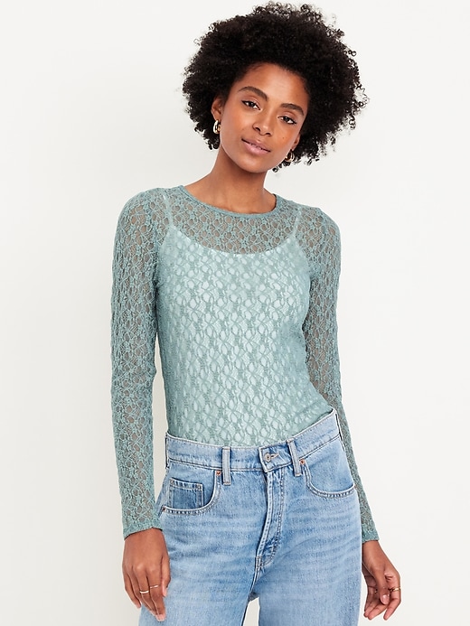 Image number 1 showing, Long-Sleeve Lace Crew-Neck Top