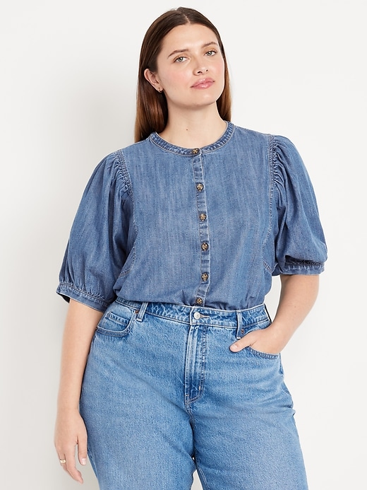Image number 7 showing, Puff-Sleeve Button-Down Cropped Denim Shirt