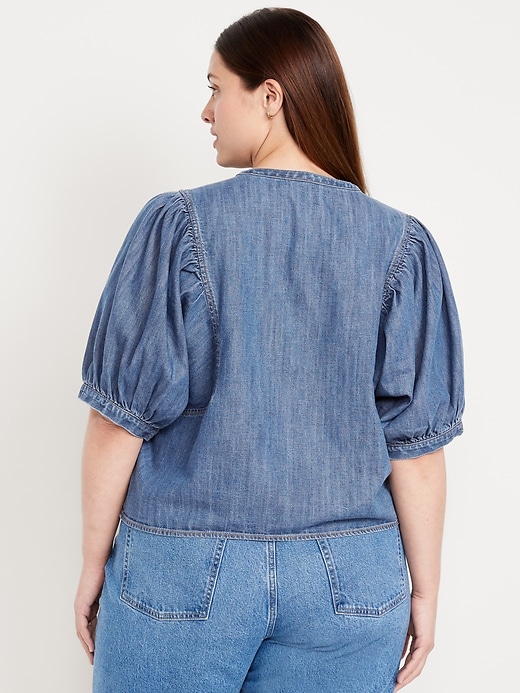 Image number 8 showing, Puff-Sleeve Button-Down Cropped Denim Shirt