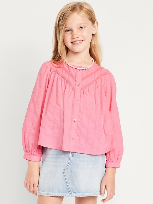 Image number 1 showing, Long-Sleeve Lace Trim Button-Front Top for Girls