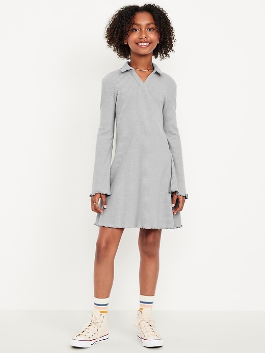 Image number 1 showing, Long-Sleeve Fit and Flare Ribbed Polo Dress for Girls
