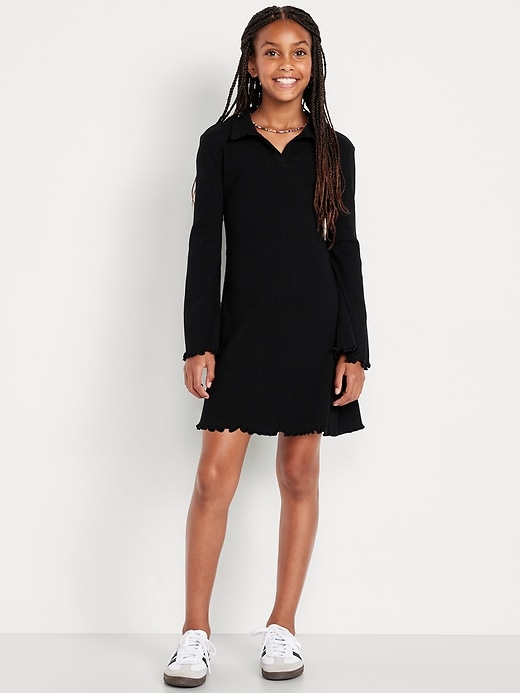 Image number 1 showing, Long-Sleeve Fit and Flare Ribbed Polo Dress for Girls