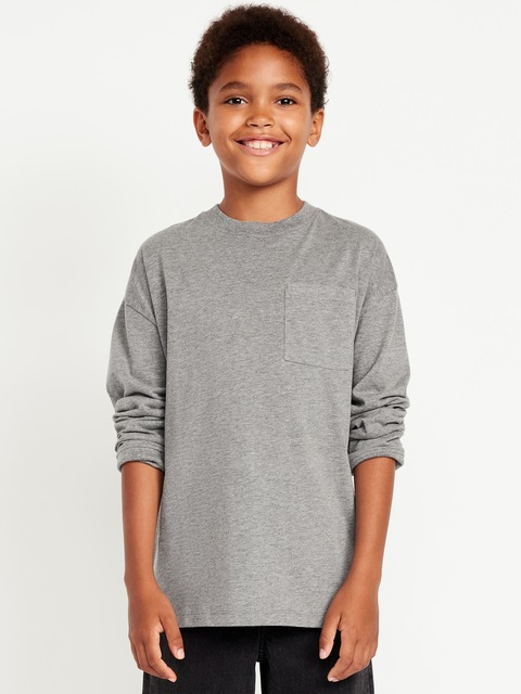 Oversized Long-Sleeve Pocket T-Shirt for Boys - Dark Heather Gray
