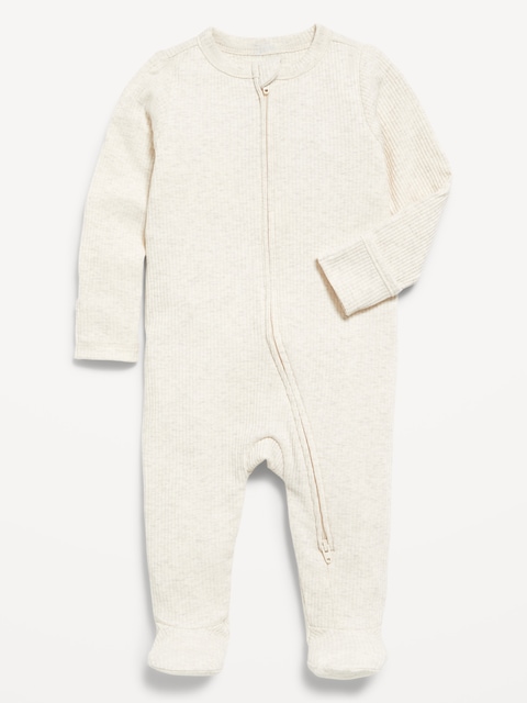 Une-pièce ajusté côtelé à pieds à glissière bidirectionnelle pour bébé - Beige