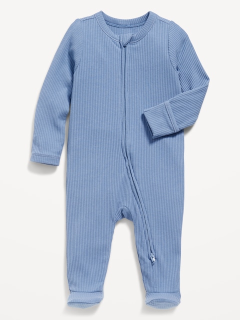 Snug-Fit 2-Way-Zip Ribbed Footed One-Piece for Baby - White