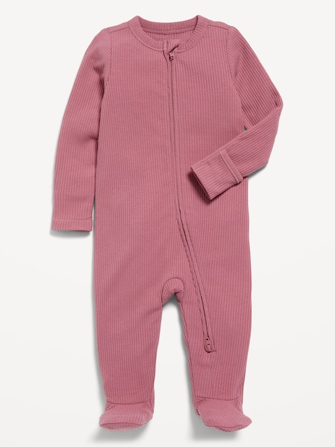 Snug-Fit 2-Way-Zip Ribbed Footed One-Piece for Baby - Pink
