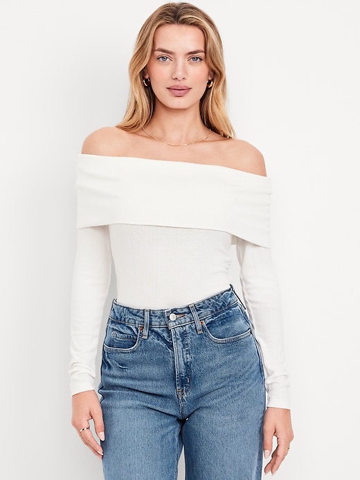 Image number 1 showing, Off-Shoulder Long-Sleeve Ribbed Top