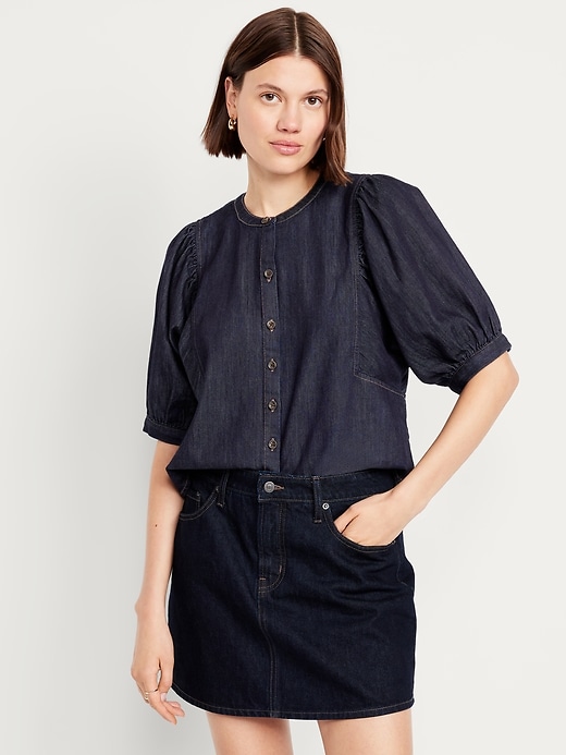 Image number 1 showing, Puff-Sleeve Button-Down Cropped Denim Shirt
