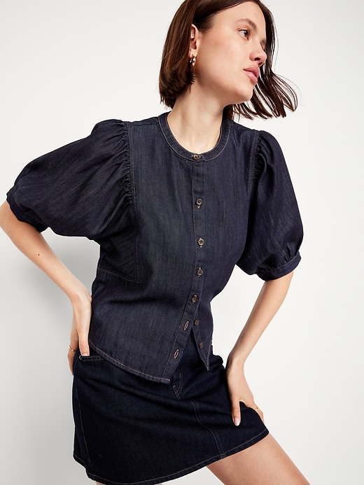 Image number 3 showing, Puff-Sleeve Button-Down Cropped Denim Shirt