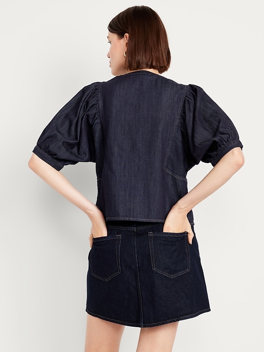 Image number 2 showing, Puff-Sleeve Button-Down Cropped Denim Shirt