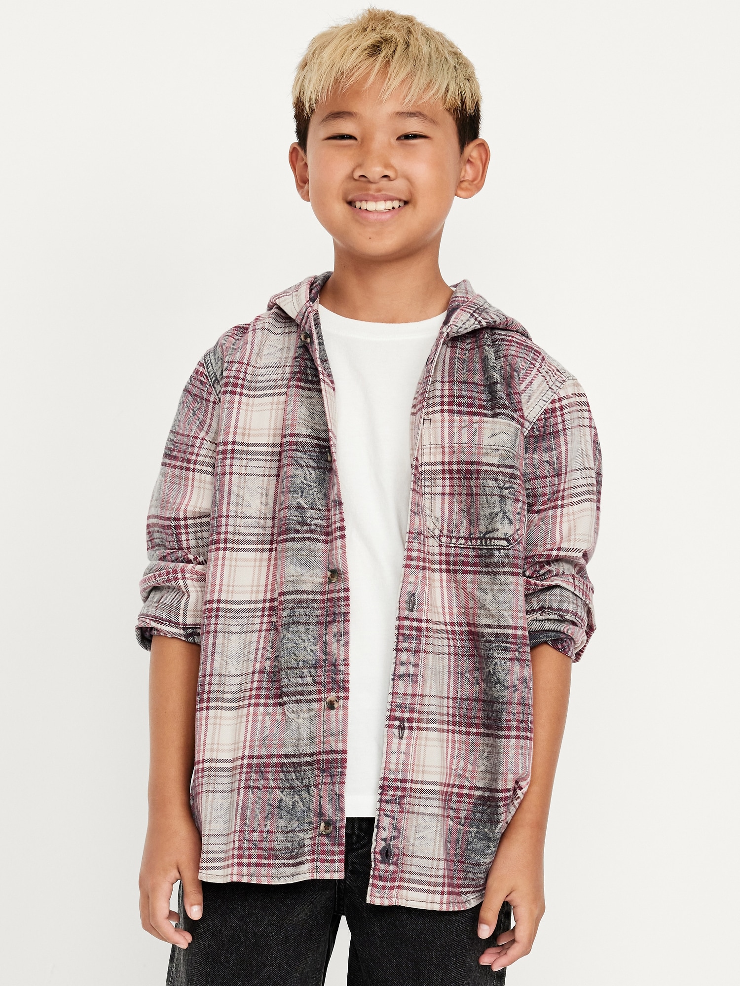 Long-Sleeve Plaid Washed Flannel Hooded Shirt for Boys