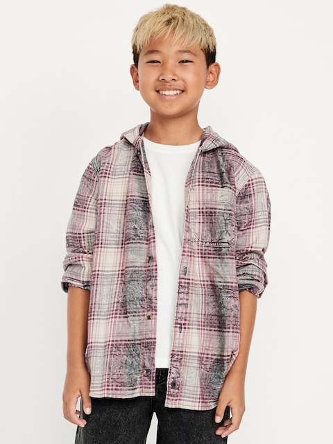 Long-Sleeve Plaid Washed Flannel Hooded Shirt for Boys - Burgundy Plaid