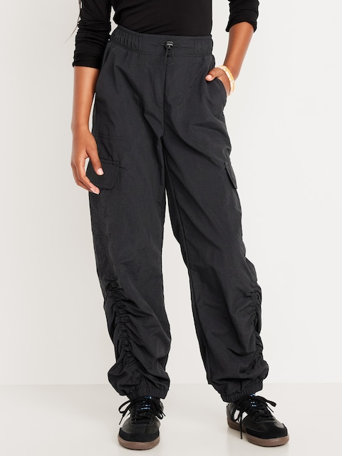 High-Waisted Side Ruched Cargo Parachute Joggers for Girls - Black