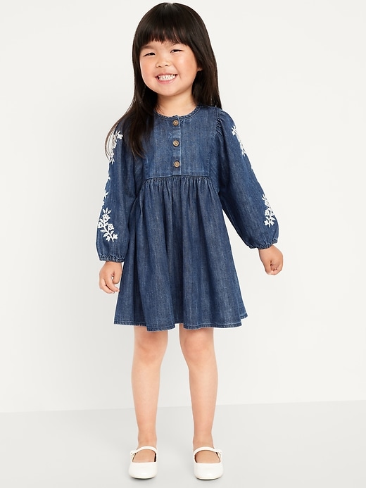 Image number 1 showing, Long-Sleeve Embroidered Jean Dress for Toddler Girls