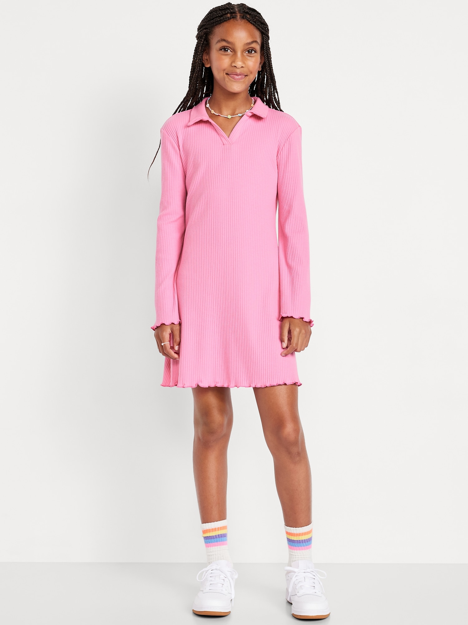 Long-Sleeve Fit and Flare Ribbed Polo Dress for Girls