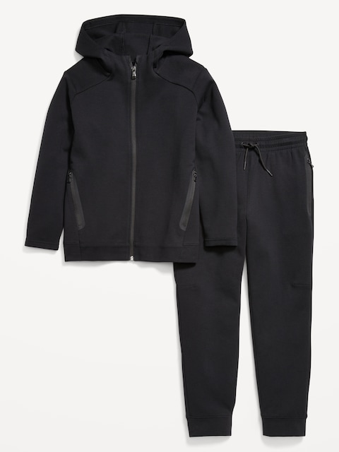 Dynamic Fleece Zip-Front Hoodie and Joggers Set for Boys - Black