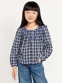 Image number 1 showing, Long-Sleeve Plaid Lace Trim Button-Front Top for Girls