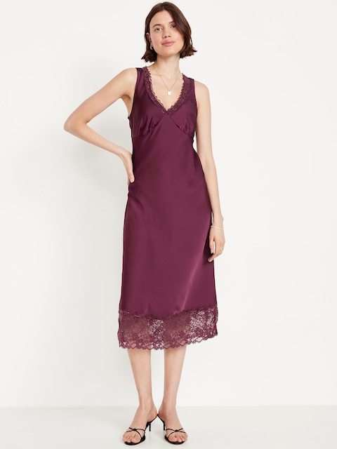 Lace-Trim Satin Midi Dress - Red