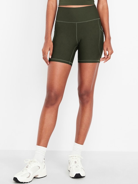High-Waisted PowerSoft Pocket Biker Shorts -- 6-inch inseam - Ancient Forest