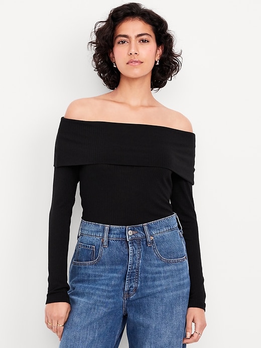 Image number 1 showing, Off-Shoulder Long-Sleeve Ribbed Top