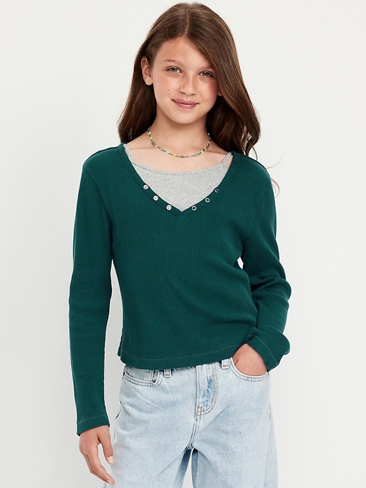 Image number 1 showing, Long-Sleeve 2-In-1 Fitted Henley Top for Girls