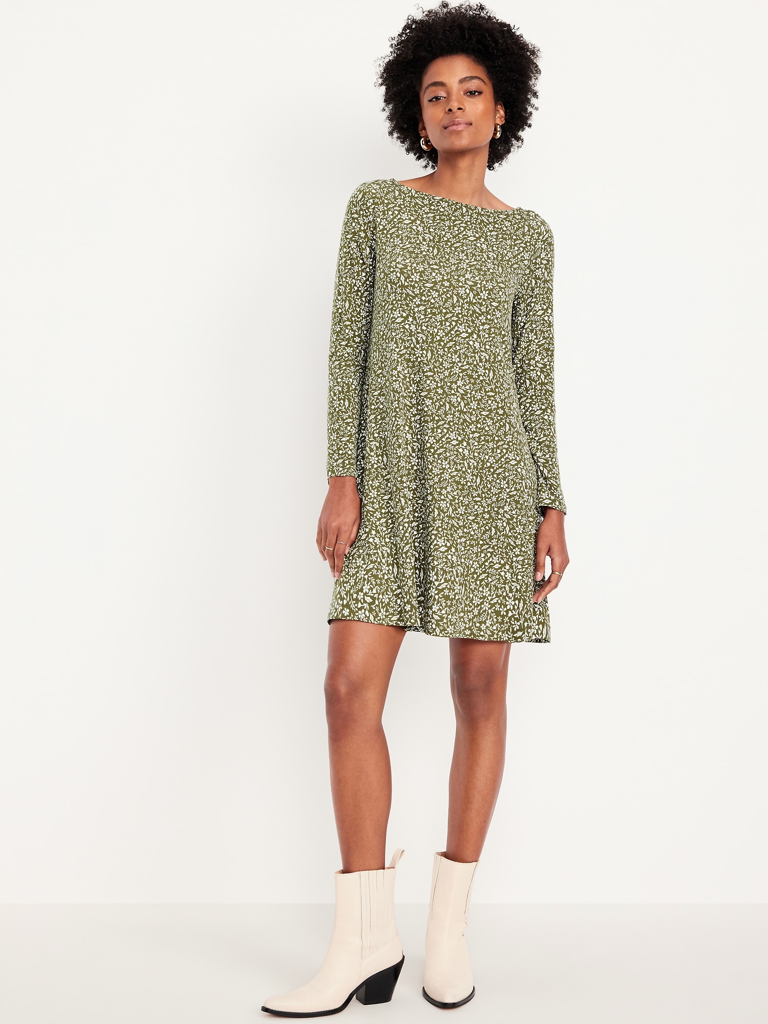 Long-Sleeve Mini Swing Dress