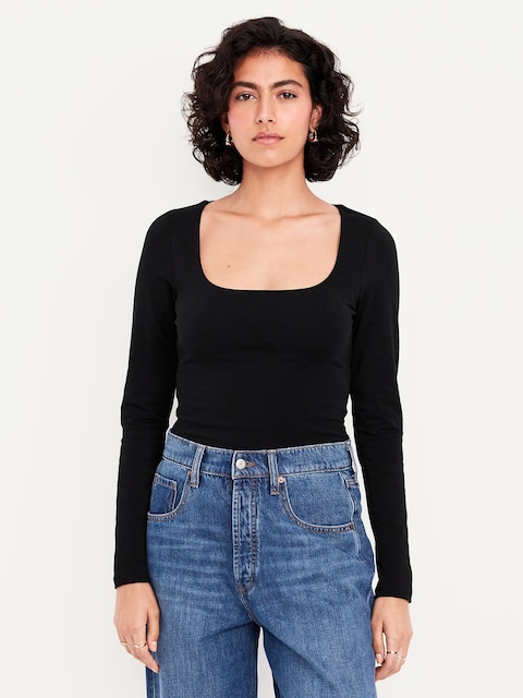Fitted Double-Layer Scoop-Neck Top - Black Jack