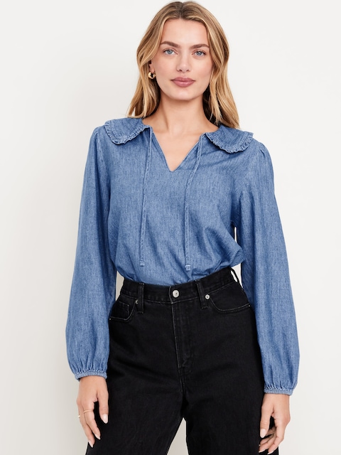 Ruffle-Collar Cutwork Top - Blue