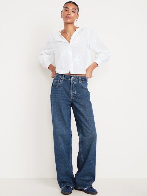 Jean coupe détendue à jambe large à taille basse moyenne - Fini Foncé