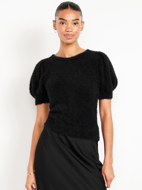 Cropped Puff-Sleeve Eyelash Sweater - Black Jack