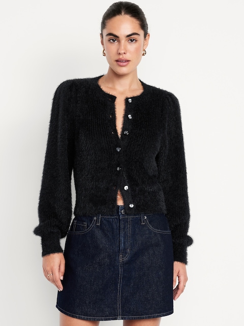 Cropped Eyelash Cardigan Sweater - Black Jack