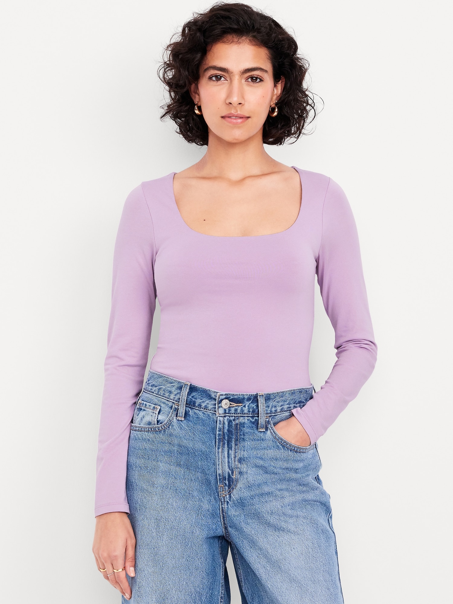 Fitted Double-Layer Scoop-Neck Top